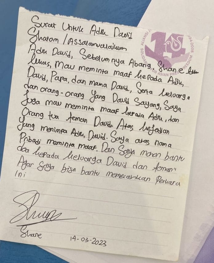 Begini Penampakan Surat Permintaan Maaf Shane Lukas kepada David