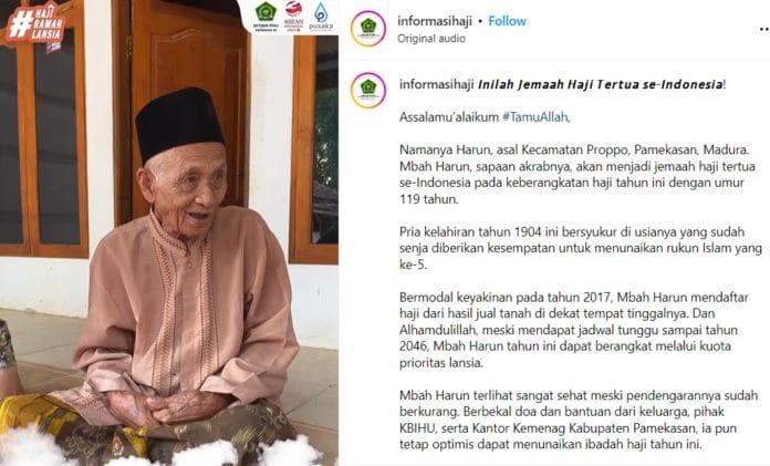 Harun akan tercatat sebagai jemaah haji tertua dari Indonesia dalam prosesi ibadah haji tahun 2023 atau 1444 Hijriyah.