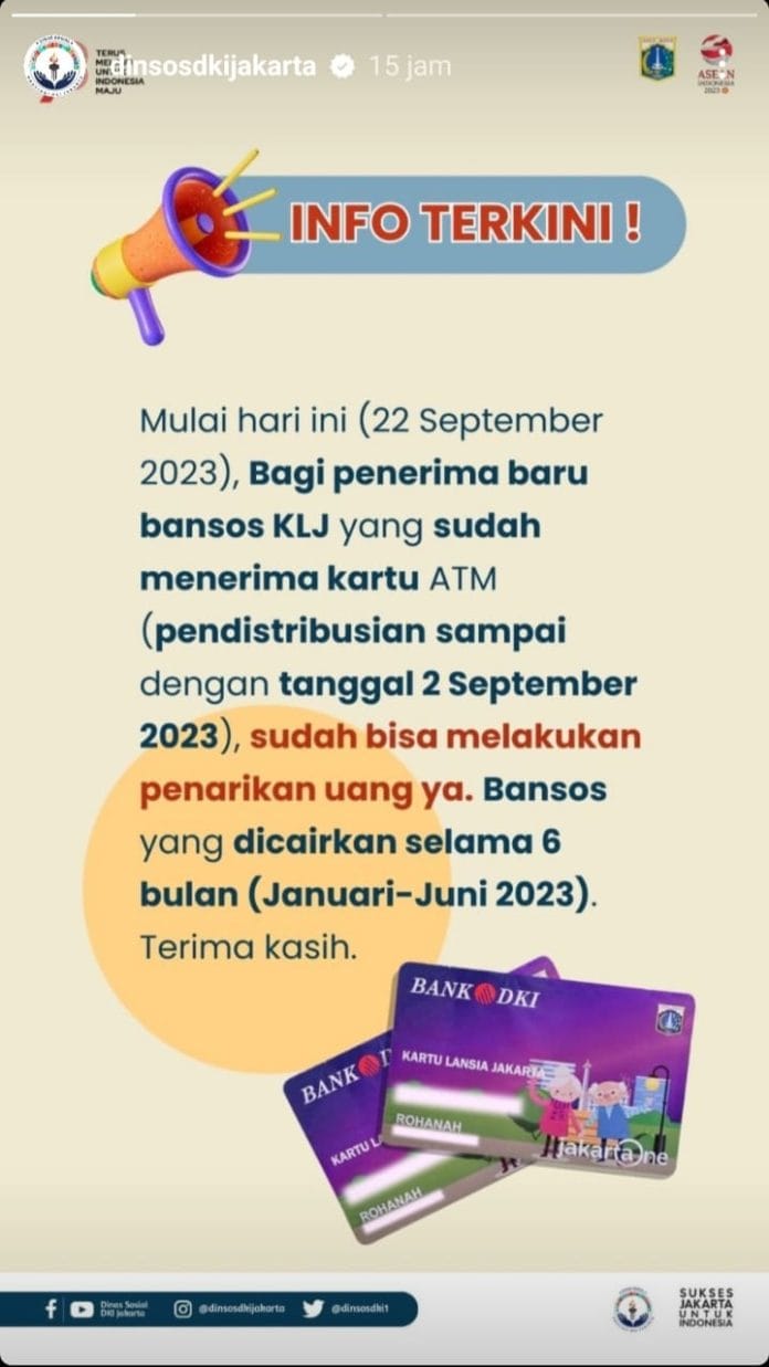 PECAH TELOR!! Informasi KLJ 2023 Cair masuk ke rekening lansia penerima manfaat. (Akun Instagram Dinsos DKI Jakarta)