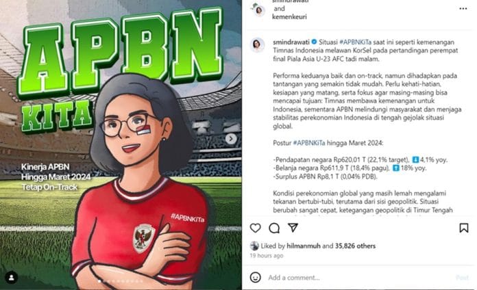 Kata Menkeu Sri Mulyani APBN Kita Seperti Timnas U-23 yang Lolos ke Semifinal Piala Asia U-23, Maksudnya?/Instagram @smindrawati