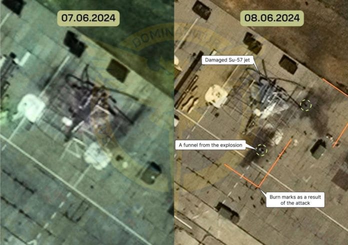 Su-57 Rusia yang rusak di pangkalan udara Akhtubinsk pada 8 Juni 2024.