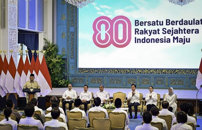 Presiden Prabowo Subianto secara resmi meluncurkan tema dan logo peringatan Hari Ulang Tahun (HUT) ke-80 Kemerdekaan Republik Indonesia (RI) di Istana Negara, Jakarta, pada Rabu, 23 Juli 2025/BPMI Setpres Presiden Prabowo Subianto secara resmi meluncurkan tema dan logo peringatan Hari Ulang Tahun (HUT) ke-80 Kemerdekaan Republik Indonesia (RI) di Istana Negara, Jakarta, pada Rabu, 23 Juli 2025/BPMI Setpres