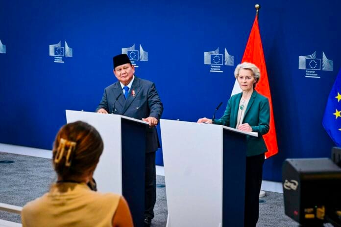 Pernyataan pers bersama Presiden Republik Indonesia, Prabowo Subianto, dan Presiden Komisi Eropa, Ursula von der Leyen, di kantor pusat Uni Eropa, Berlaymont Building, Brussel, Belgia, pada Minggu, 13 Juli 2025/BPMI Setpres