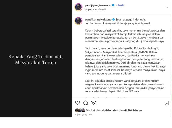 Permohonan Maaf Pandji Pragiwaksono kepada Masyarakat Toraja, Siap Jalani Hukum Adat